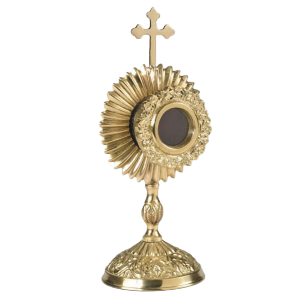 6 3/4" gold plated round reliquary with ornate sunburst design and cross on decorative base