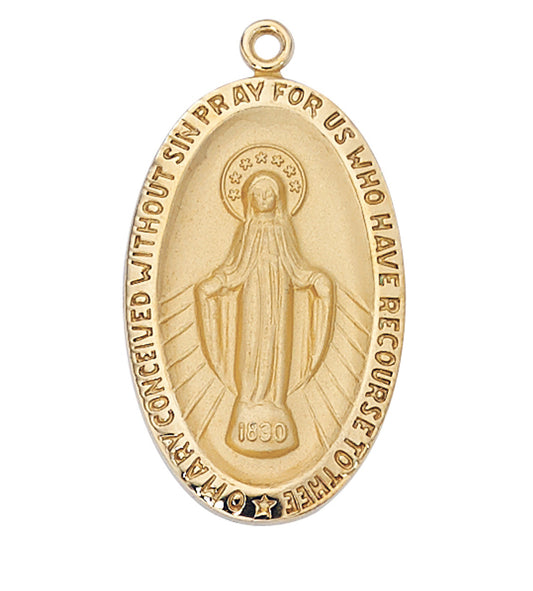 Gold Miraculous Medal pendant with 24-inch chain featuring Virgin Mary and “O Mary conceived without sin” inscription