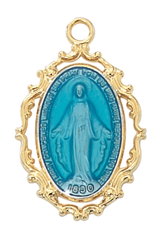 Gold over sterling silver Miraculous Medal with blue epoxy center and ornate decorative frame, 1 inch size.