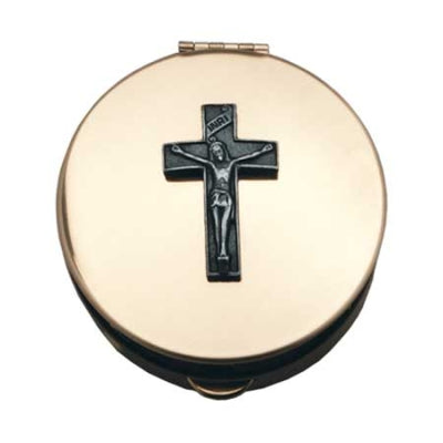 Round gold and silver pyx with black crucifix crown on lid, 1 1/2 inch compact design for Eucharist storage