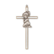 Gold and White Epoxy Praying Girl Cross 7" - Unique Catholic Gifts