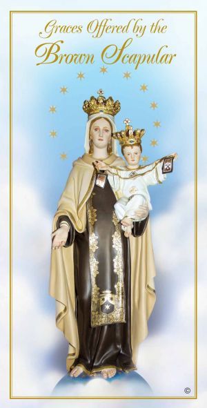 Pamphlet cover showing crowned Our Lady of Mount Carmel holding Child Jesus with brown scapular on soft blue background