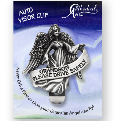 Silver-tone angel visor clip with "Grandson Please Drive Safely" banner on blue sky background packaging card