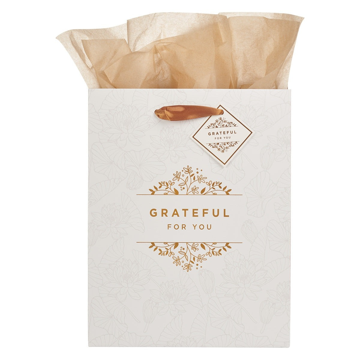 Medium white gift bag with gold "Grateful For You" text, floral design, satin handles, and beige tissue paper inside