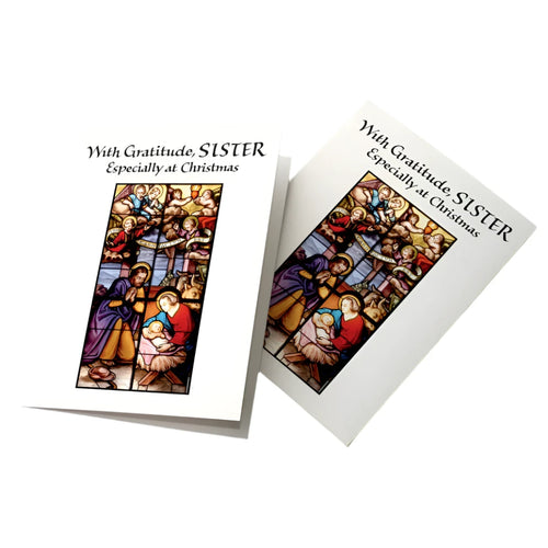 Religious Sister Christmas card with stained glass nativity scene and "With Gratitude, Sister Especially at Christmas" text