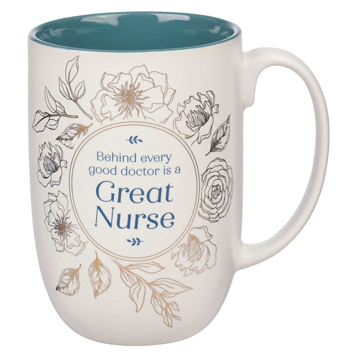 White ceramic coffee mug with teal interior featuring floral designs and "Great Nurse" inspirational text in blue