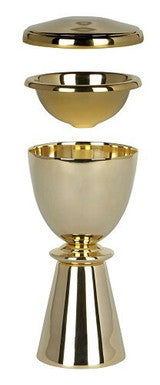 5" traveling chalice set with gold finish including host bowl, lid, and base for portable communion use