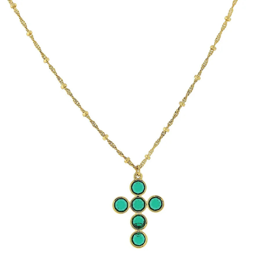 16" gold tone chain necklace with green Austrian crystal cross pendant and 3" extender clasp closure