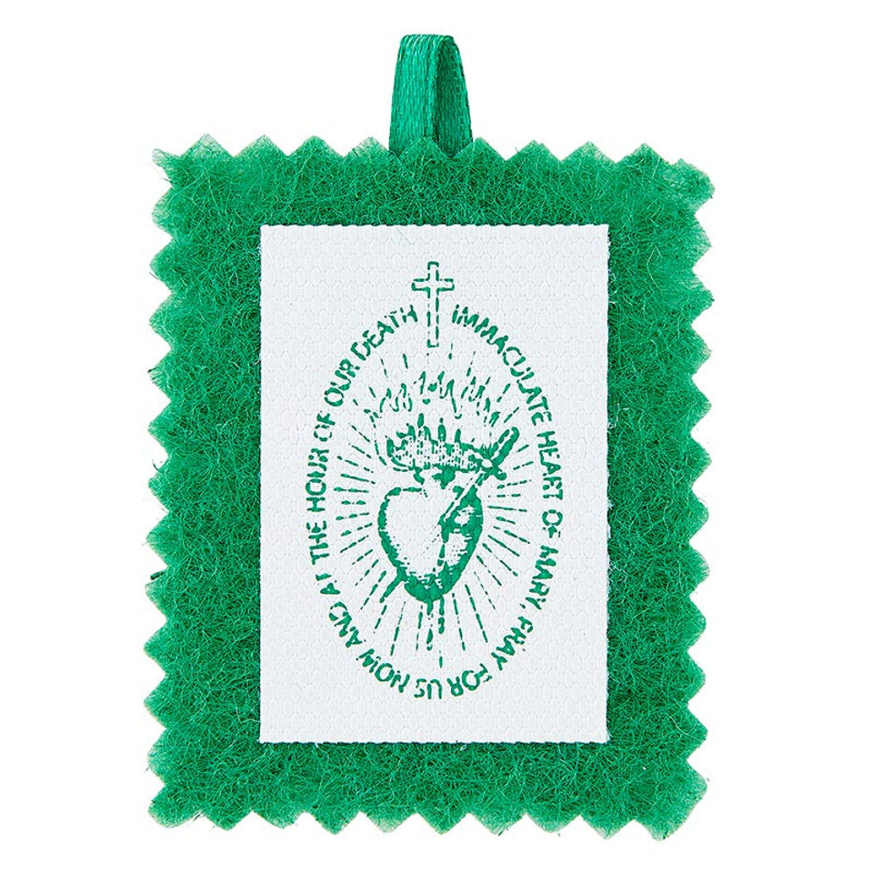 Cordless green scapular with embroidered Immaculate Heart of Mary design and matching devotional card.