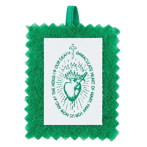 Cordless green scapular with embroidered Immaculate Heart of Mary design and matching devotional card.