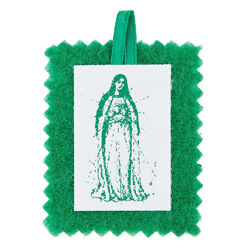 Cordless green scapular with Immaculate Heart image on felt backing and green ribbon loop, two-sided devotional card included
