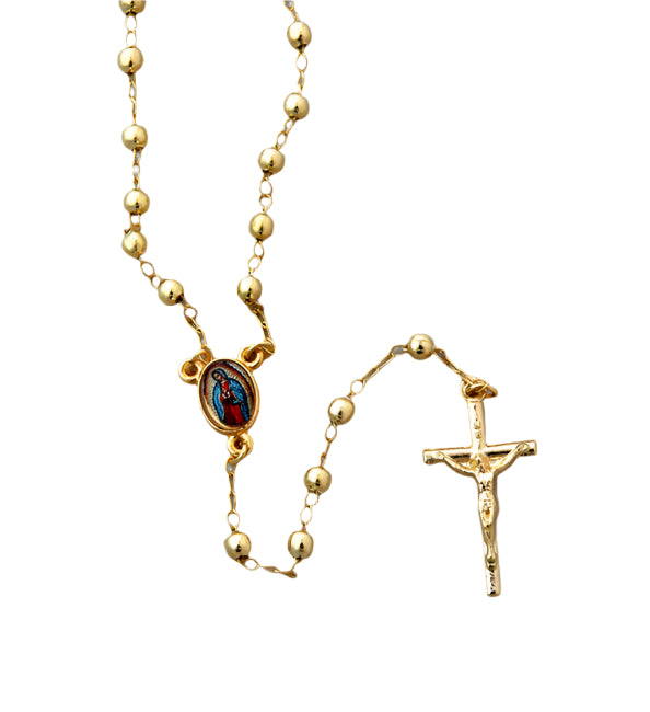 Gold Our Lady of Guadalupe rosary necklace with 4 mm beads and crucifix, delicate gold plated religious jewelry detail