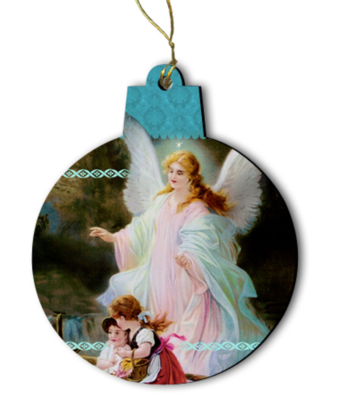Round wood ornament featuring a guardian angel watching over two children with intricate blue accents and hanging loop