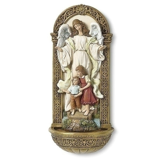 5 1/4" Guardian Angel holy water font with hand-painted angel protecting two children in detailed gold and cream frame