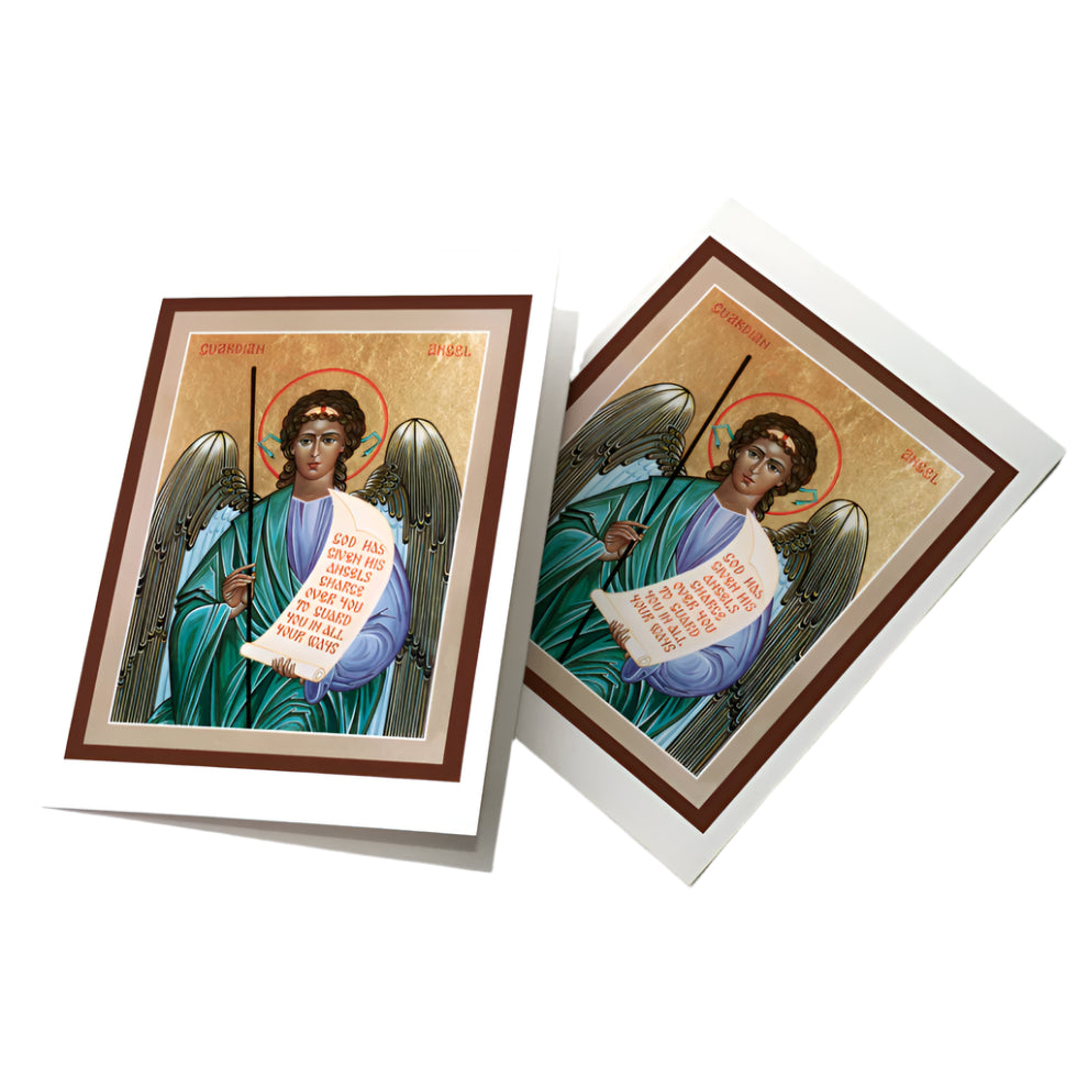 4 3/8" x 5 15/16" Guardian Angel icon greeting card with detailed angel holding scripture on gold background