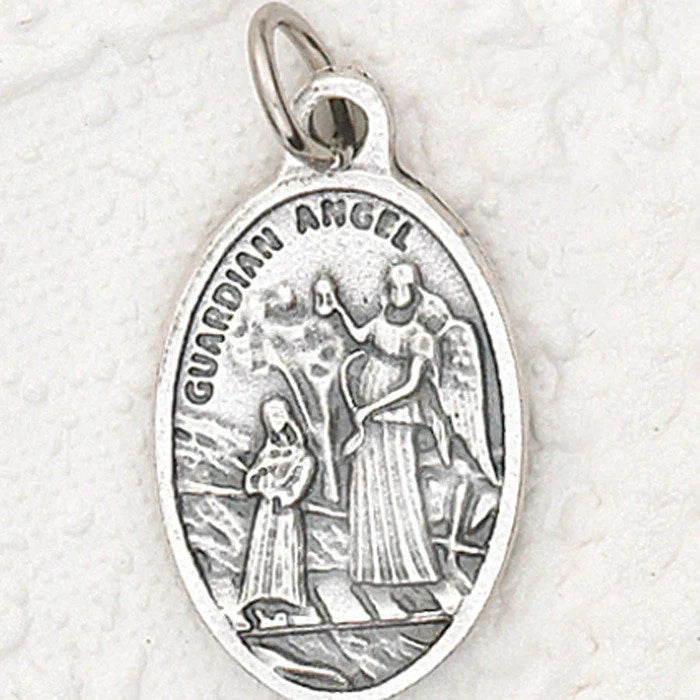 1" Guardian Angel Pray for Us silver tone Oxi medal with detailed figures, made in Italy