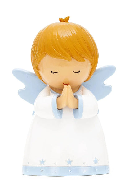 3.5" Guardian Angel figurine for boys with praying hands, blue wings, and white gown with star details