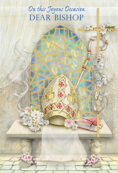 4 5/8" x 6 3/4" bishop greeting card with gold foil accents, bishop's mitre, cross, flowers, and stained glass window background