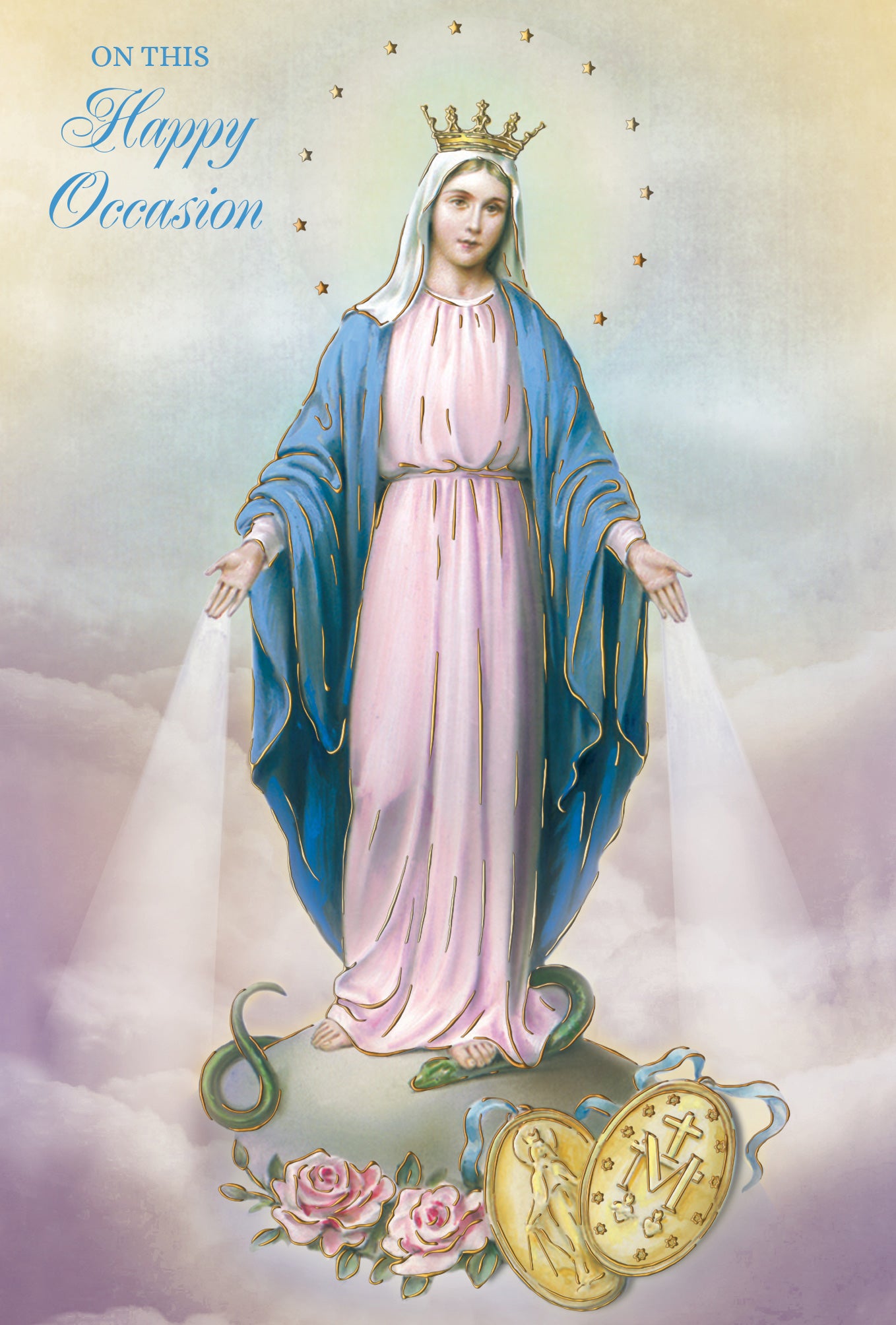 4 1/2 x 6 3/4 greeting card with hand-painted Our Lady of Miraculous Medal, gold crown, roses, and radiant light beams