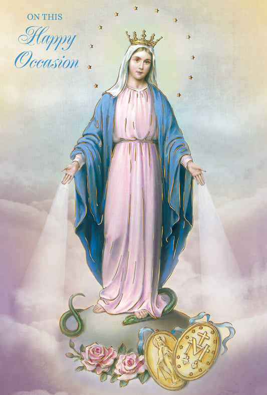 4 1/2 x 6 3/4 greeting card with hand-painted Our Lady of Miraculous Medal, gold crown, roses, and radiant light beams
