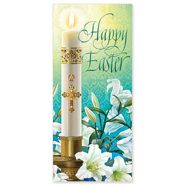 Tall Easter candle with gold cross, surrounded by white lilies, and "Happy Easter" text on green and blue background