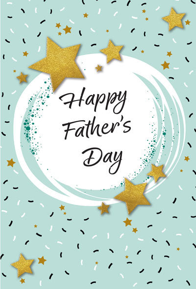 4 5/8" x 6 3/4" Happy Father’s Day greeting card with gold foil stars and embossed white swirl on blue background