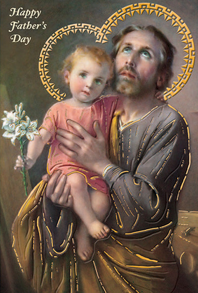 Happy Father’s Day card showing hand-painted saint holding child with gold embossed halos and lilies