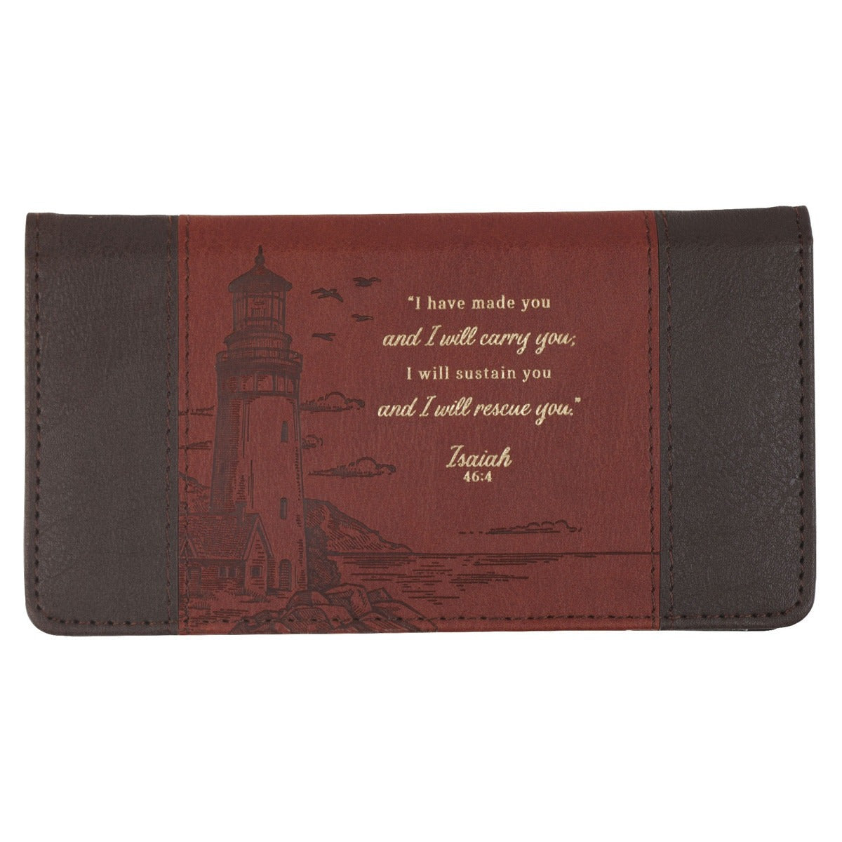 Have Made You faux leather checkbook wallet in walnut brown and brick red with lighthouse graphic and Isaiah 46:4 verse text