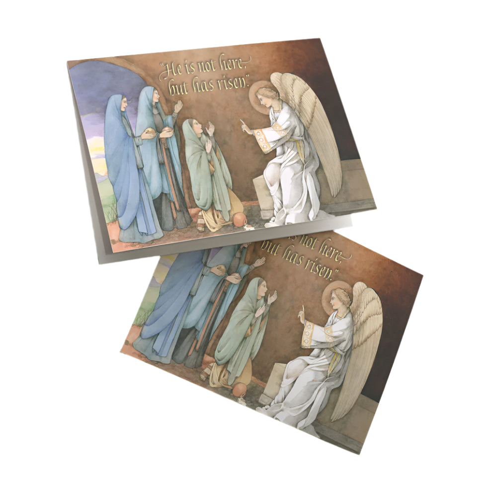 Easter greeting card with angel announcing resurrection, figures in robes, and text "He is not here, but has risen