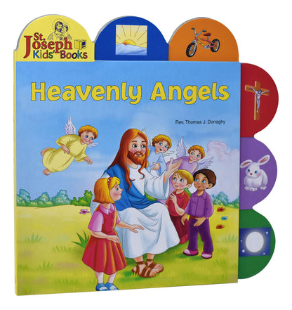 Heavenly Angels children's board book by Rev. Thomas J. Donaghy with colorful tabbed pages and angel illustrations
