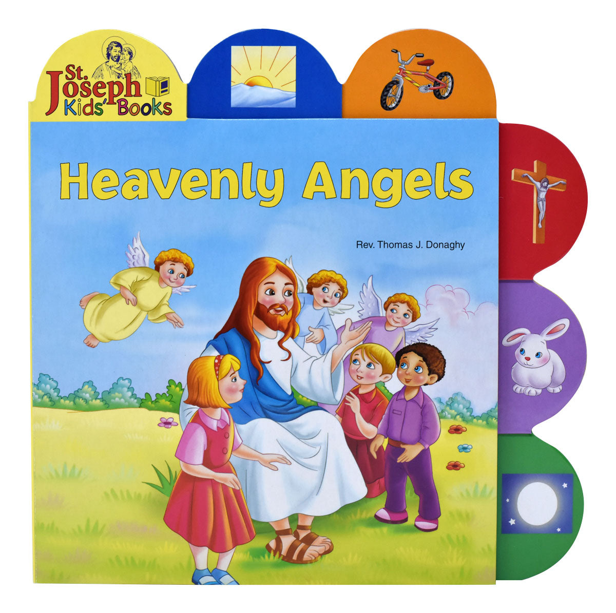 Heavenly Angels board book with colorful tabs featuring Jesus and children with angels on blue sky background