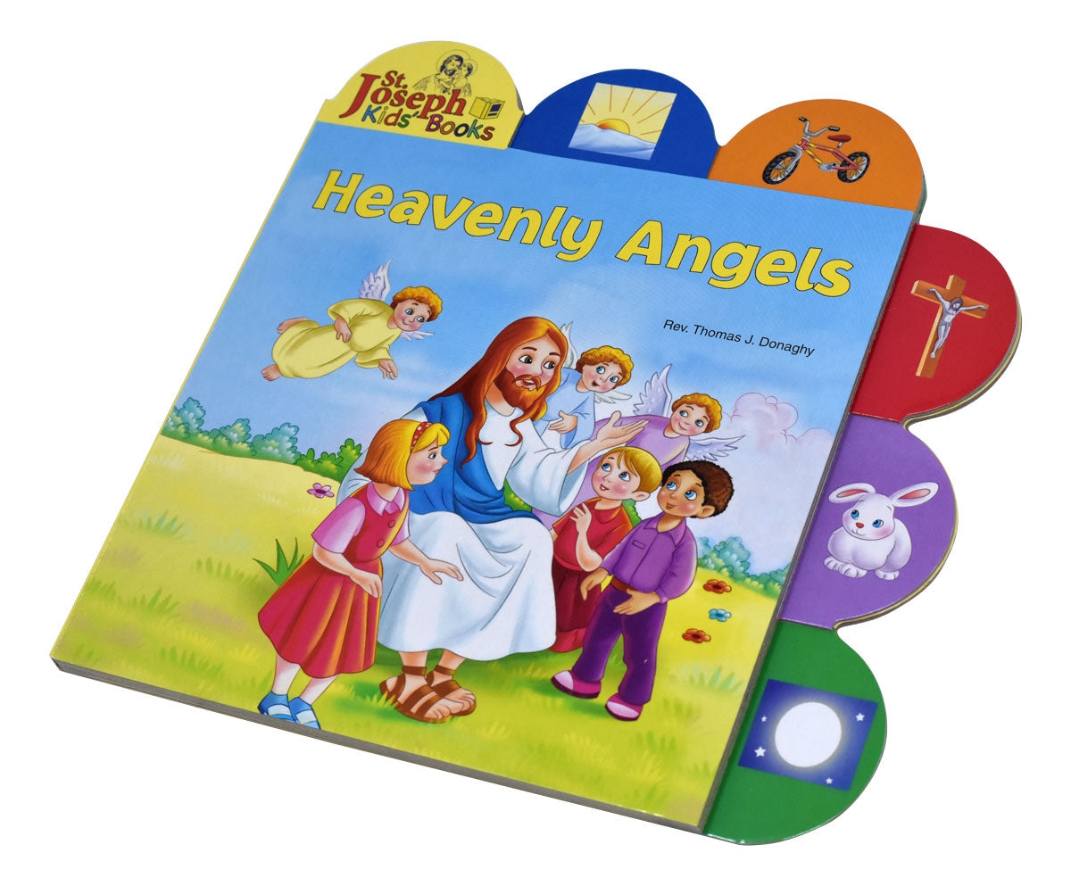 Heavenly Angels board book by Rev. Thomas J. Donaghy with colorful angel illustrations and tabbed edges for children