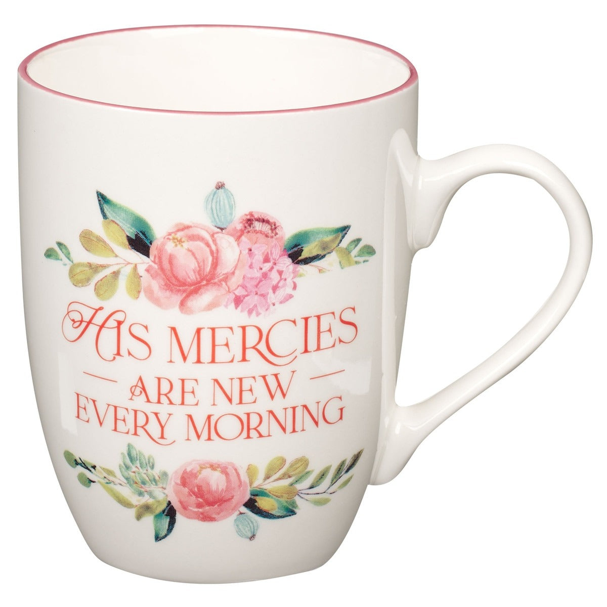 Pink peony ceramic coffee mug with "His Mercies Are New Every Morning" scripture and floral design
