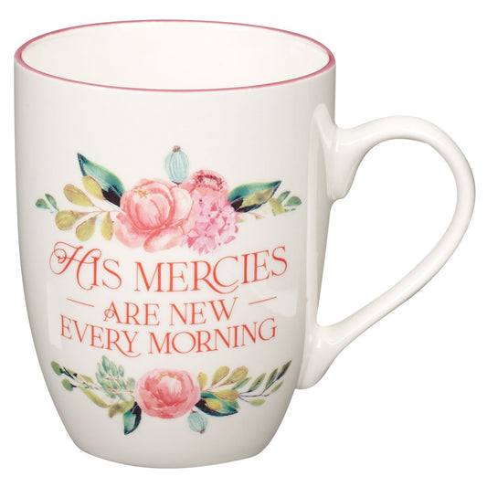 Pink peony ceramic coffee mug with "His Mercies Are New Every Morning" scripture and floral design