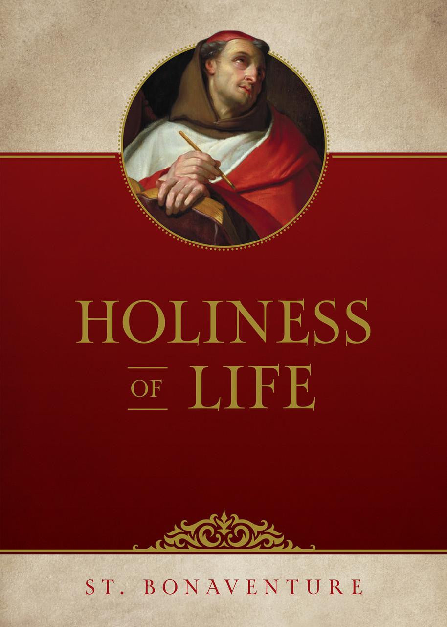 Book cover of Holiness of Life by St. Bonaventure featuring a saint in red and white robes holding a quill and book