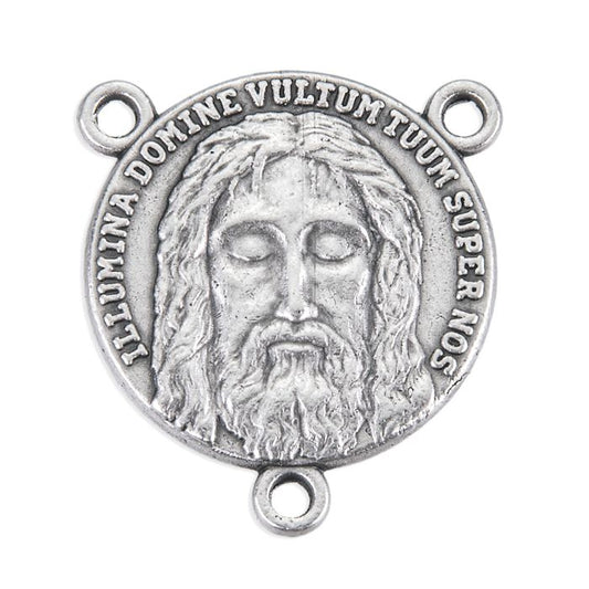 1" round silver-finished Holy Face of Jesus medal with detailed engraving and Latin inscription, made in Italy