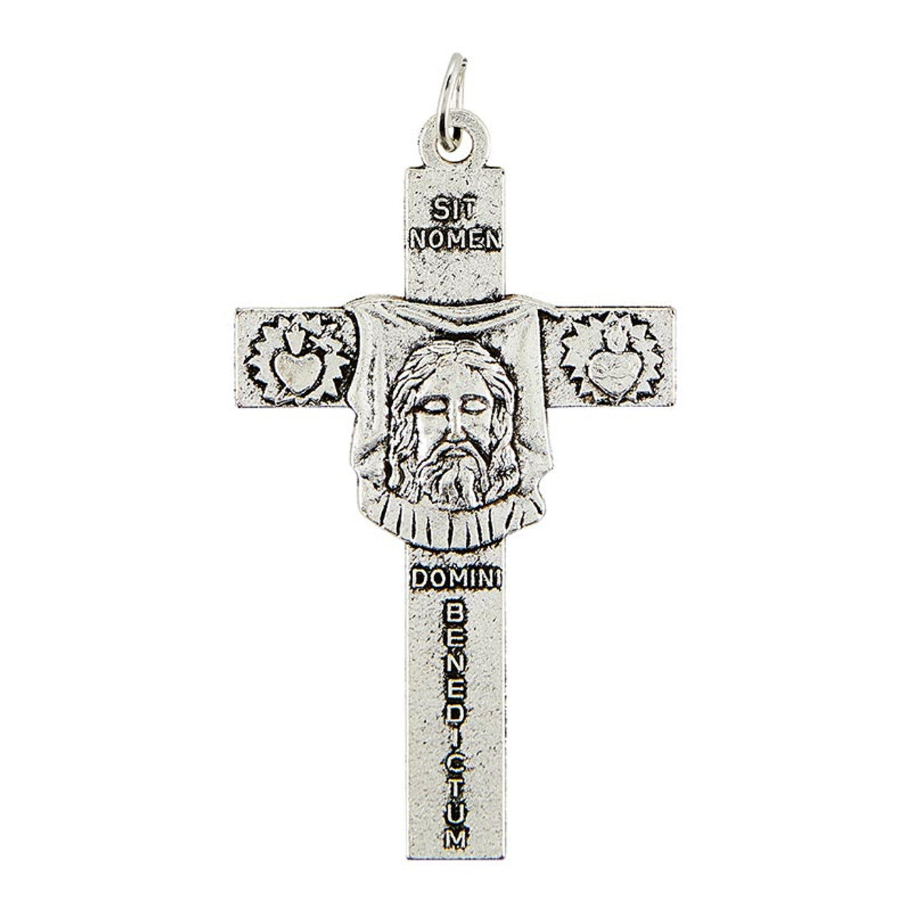 Holy Face Crucifix Medal 2 1/4" with Shroud of Turin face, Sacred and Immaculate Hearts, and Latin inscription detailing.