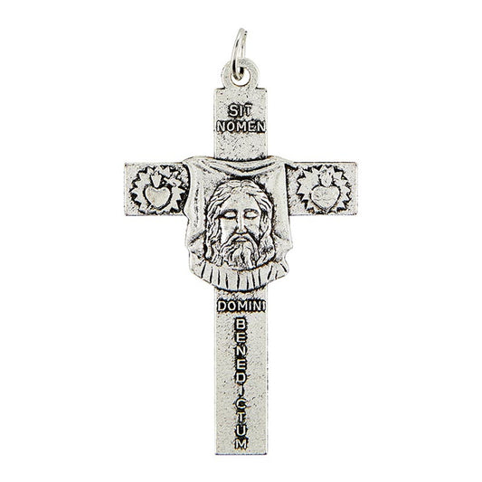 Holy Face Crucifix Medal 2 1/4" with Shroud of Turin face, Sacred and Immaculate Hearts, and Latin inscription detailing.