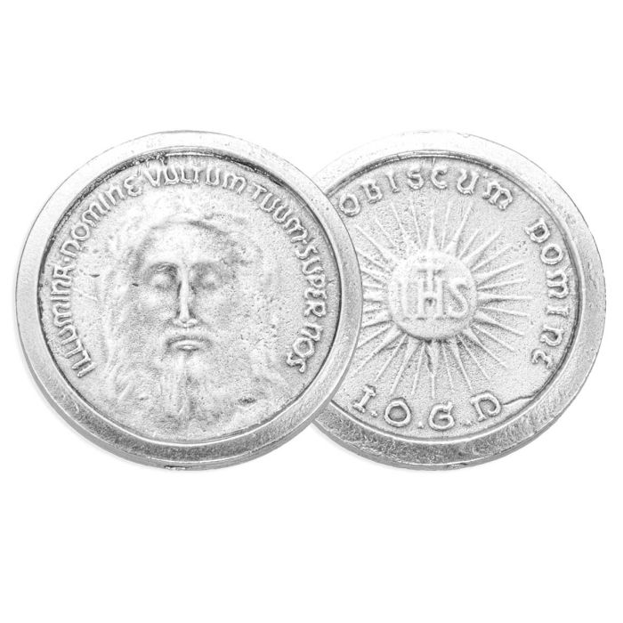 1" Holy Face pocket coin with antique silver finish, two-sided Italian religious keepsake token