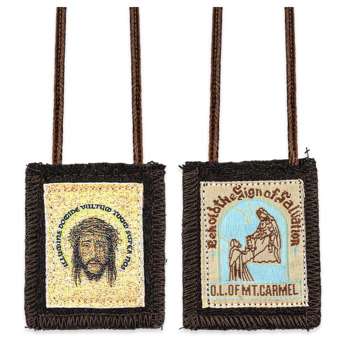 1 3/4" x 2" brown wool scapular with Holy Face of Jesus image and Our Lady of Mt. Carmel embroidered design