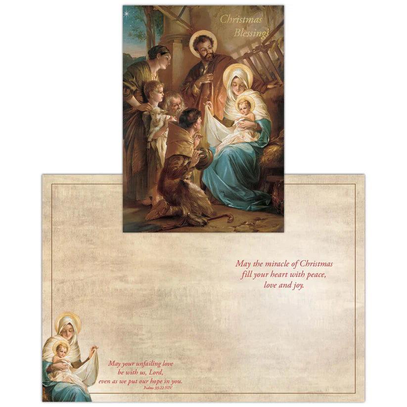 Boxed set of 16 Christmas cards featuring painted Holy Family nativity scene with foil accents and scripture inside