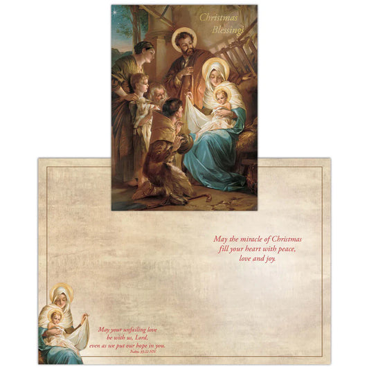 Boxed set of 16 Christmas cards featuring painted Holy Family nativity scene with foil accents and scripture inside