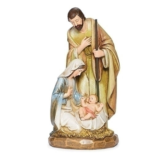 Holy Family statue with carved wood look, featuring Mary, Joseph, and baby Jesus in a rustic 8-inch design.