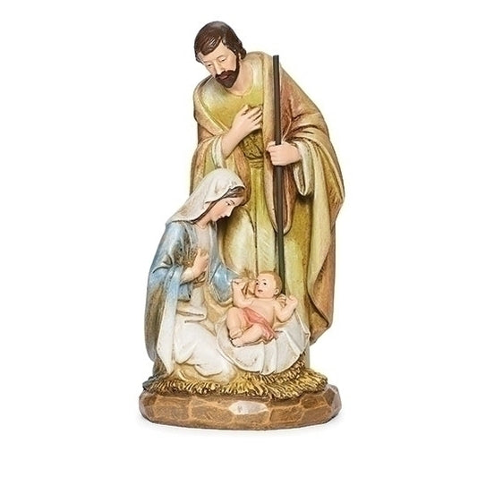 Holy Family statue with carved wood look, featuring Mary, Joseph, and baby Jesus in a rustic 8-inch design.