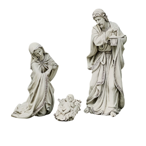 21" Holy Family garden figures 3-piece set in pure white with detailed robes and serene expressions