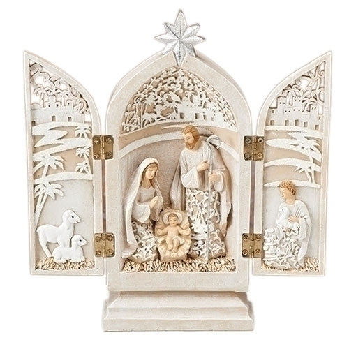 8.5" Holy Family paper cut nativity triptych in soft ivory with detailed openwork and Star of Bethlehem topper
