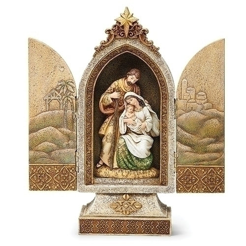 12.25" Golden Holy Family triptych with fold-out doors depicting Nativity scenes and ornate star-topped arch frame