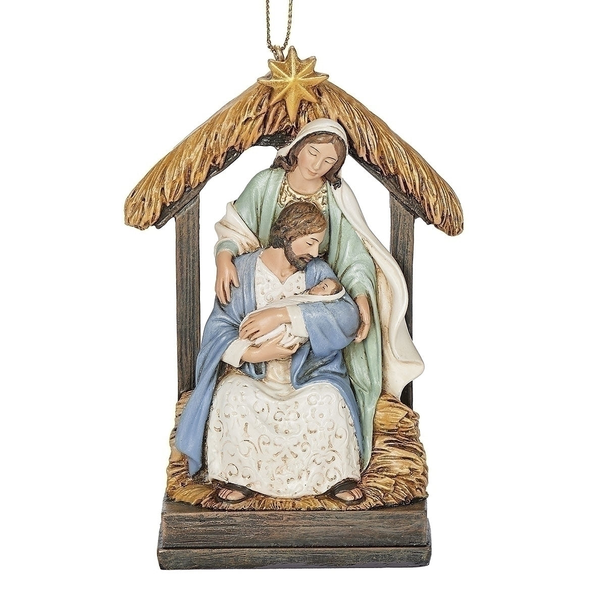 4 1/2" Holy Family Stable Archway ornament with Joseph holding Baby Jesus, Mary standing, crafted in stone and resin mix