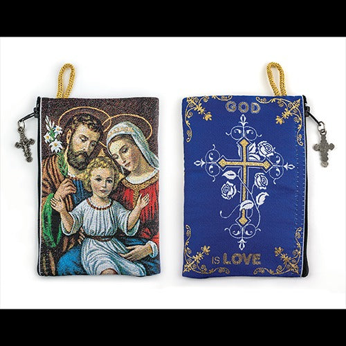 4" x 6" Holy Family woven tapestry rosary pouch with zip closure, detailed religious imagery and gold accents