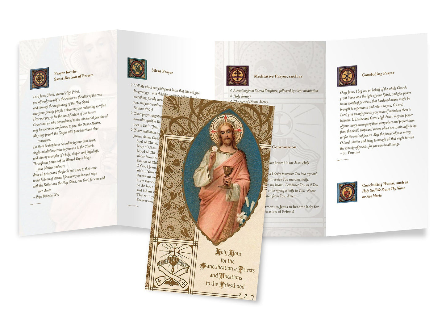 Holy Hour prayer booklet 3" x 9" with illustrated cover and step-by-step prayers for priestly sanctification and vocations